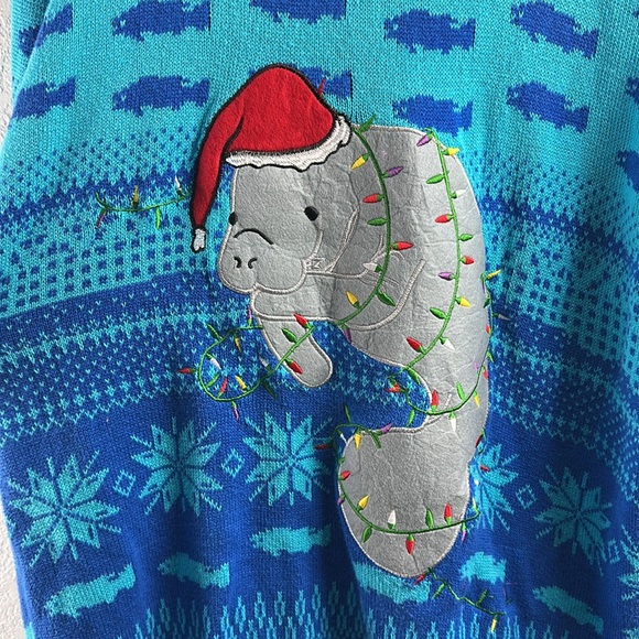 Blizzard Bay Men’s Red and Blue Manatee Holiday Sweater XXL - Picture 6 of 8